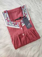 Front Open Cotton Nighty With Embroidary Neck, 55 Inches Long - Onion Pink - Image 3