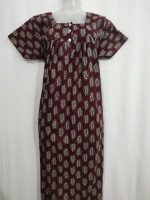 Front Open  Ajrak Cotton Nighty With Buttons, 55 Inches Long, Square Neck - Maroon - Image 4