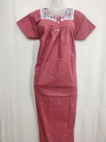 Front Open Cotton Nighty With Embroidary Neck, 55 Inches Long - Onion Pink - Image 4