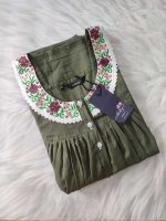 Front Open Cotton Nighty With Embroidary Neck, 55 Inches Long - Pista Green - Image 3