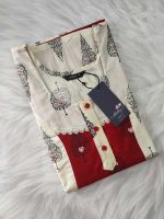 Comfortable Churidar Model Cotton Nighty - 55 Inches Long - Red + Cream - Image 3