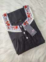 Front Open Cotton Nighty With Embroidary Neck, 55 Inches Long - Blue - Image 3