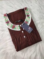 Front Open Cotton Nighty With Embroidary Neck, 55 Inches Long - Coffee Brown - Image 3