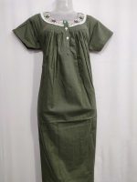 Front Open Cotton Nighty With Embroidary Neck, 55 Inches Long - Pista Green - Image 4