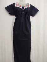 Front Open Cotton Nighty With Embroidary Neck, 55 Inches Long - Blue - Image 4