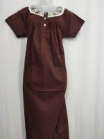 Front Open Cotton Nighty With Embroidary Neck, 55 Inches Long - Coffee Brown - Image 4