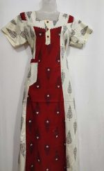 Comfortable Churidar Model Cotton Nighty - 55 Inches Long - Red + Cream - Image 4