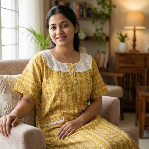 Comfortable Churidar Model Cotton Nighty, Hakoba yoke - 57 Inches Long - Yellow