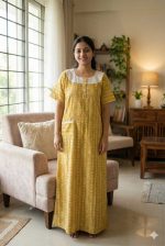 Comfortable Churidar Model Cotton Nighty, Hakoba yoke - 57 Inches Long - Yellow - Image 2