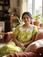 Front Open Cotton Nighty With Buttons, Hakoba yoke, 55 Inches Length - Green Colour