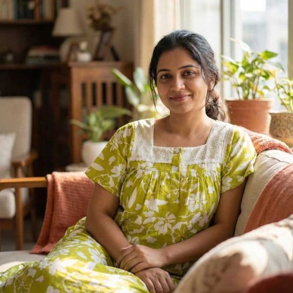 Front Open Cotton Nighty With Buttons, Hakoba yoke, 55 Inches Length - Green Colour