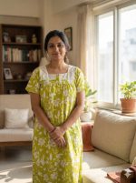 Front Open Cotton Nighty With Buttons, Hakoba yoke, 55 Inches Length - Green Colour - Image 2