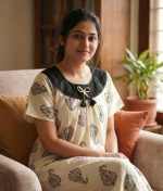 Comfortable Churidar Model Cotton Nighty, Hakoba yoke - 55 Inches Long - Cream Colour