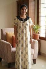 Comfortable Churidar Model Cotton Nighty, Hakoba yoke - 55 Inches Long - Cream Colour - Image 2