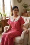 Comfortable Churidar Model Cotton Nighty, Hakoba yoke - 57 Inches Long - Red