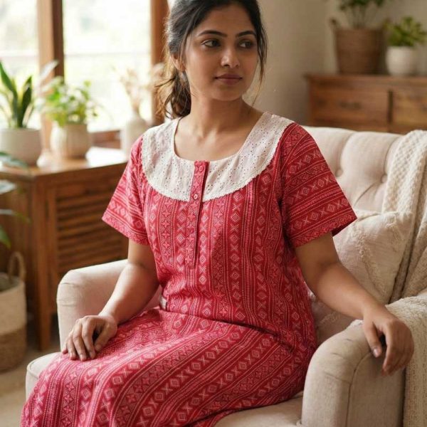 Comfortable Churidar Model Cotton Nighty, Hakoba yoke - 57 Inches Long - Red