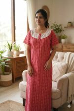 Comfortable Churidar Model Cotton Nighty, Hakoba yoke - 57 Inches Long - Red - Image 2