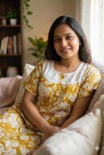 Comfortable Churidar Model Cotton Nighty, Hakoba yoke - 57 Inches Long - Yellow