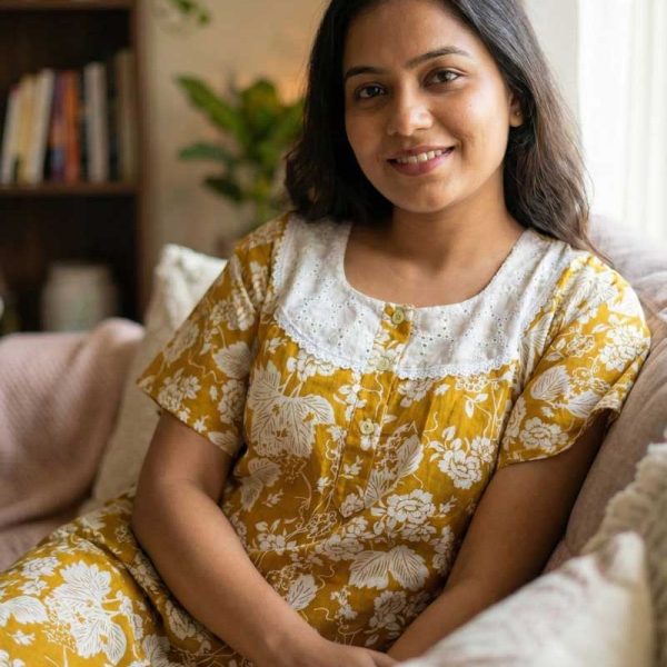 Comfortable Churidar Model Cotton Nighty, Hakoba yoke - 57 Inches Long - Yellow