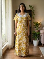 Comfortable Churidar Model Cotton Nighty, Hakoba yoke - 57 Inches Long - Yellow - Image 2