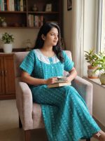 Comfortable Churidar Model Cotton Nighty, Hakoba yoke - 57 Inches Long - Green