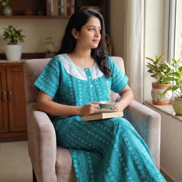 Comfortable Churidar Model Cotton Nighty, Hakoba yoke - 57 Inches Long - Green