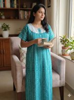 Comfortable Churidar Model Cotton Nighty, Hakoba yoke - 57 Inches Long - Green - Image 2