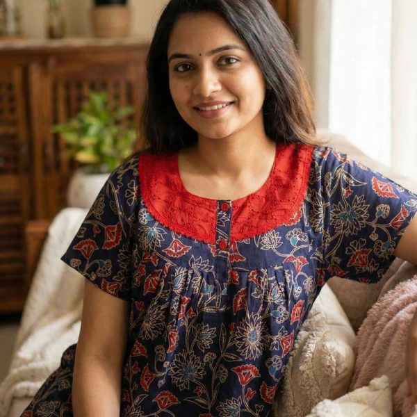 Front Open Cotton Nighty With Buttons, Hakoba yoke, Cotton Ajrakh fabric, 55 Inches Length - Dark Blue Colour