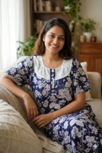 Comfortable Churidar Model Cotton Nighty, Hakoba yoke - 57 Inches Long - Blue