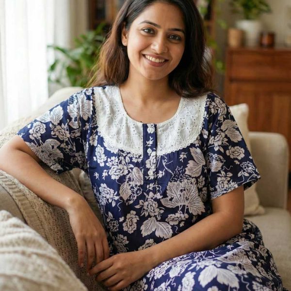 Comfortable Churidar Model Cotton Nighty, Hakoba yoke - 57 Inches Long - Black