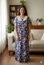Comfortable Churidar Model Cotton Nighty, Hakoba yoke - 57 Inches Long - Blue - Image 2