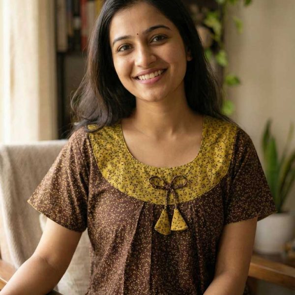 Comfortable Cotton Nighty With Round Neck - 55 Inches Long - Coffee Brown Colour