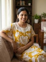 Comfortable Churidar Model Cotton Nighty, Hakoba yoke - 55 Inches Long -Yellow Colour