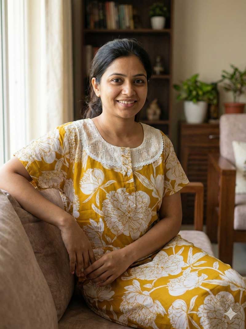 IMG_7421 Comfortable Churidar Model Cotton Nighty, Hakoba yoke - 55 Inches Long -Yellow Colour - Image 1