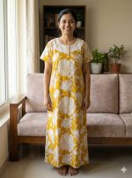 Comfortable Churidar Model Cotton Nighty, Hakoba yoke - 55 Inches Long -Yellow Colour - Image 2