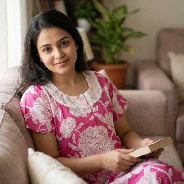 Comfortable Churidar Model Cotton Nighty, Hakoba yoke - 55 Inches Long - Rose