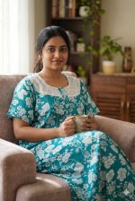 Comfortable Churidar Model Cotton Nighty, Hakoba yoke - 57 Inches Long - Green