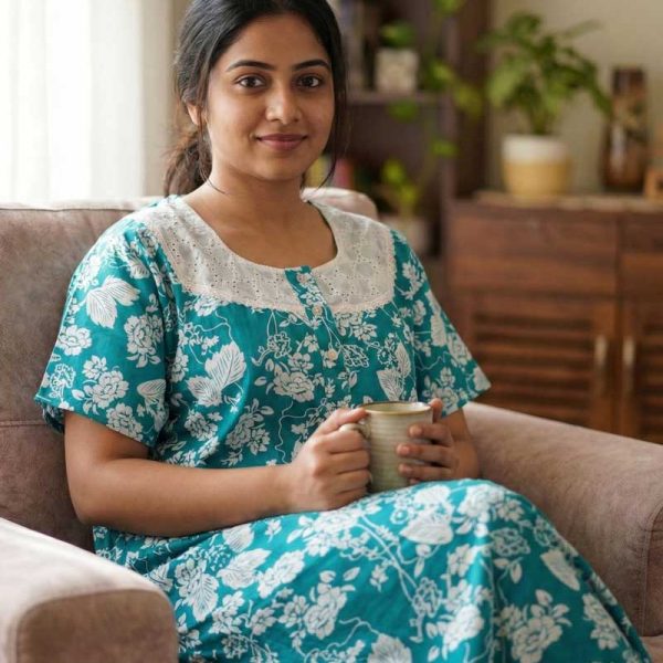 Comfortable Churidar Model Cotton Nighty, Hakoba yoke - 57 Inches Long - Green