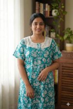 Comfortable Churidar Model Cotton Nighty, Hakoba yoke - 57 Inches Long - Green - Image 2