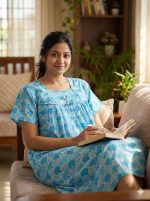 Traditional cotton nighty, Cambric cotton material, 55 Inches Length - Blue colour