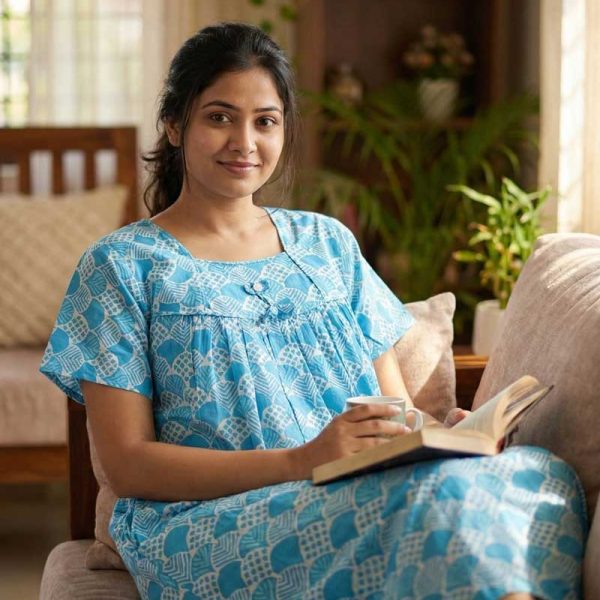 Traditional cotton nighty, Cambric cotton material, 55 Inches Length - Blue colour