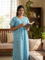 Traditional cotton nighty, Cambric cotton material, 55 Inches Length - Blue colour - Image 2