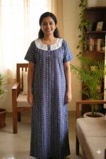 Comfortable Churidar Model Cotton Nighty, Hakoba yoke - 57 Inches Long - Blue - Image 2