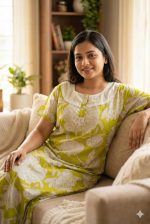 Comfortable Churidar Model Cotton Nighty, Hakoba yoke - 55 Inches Long - Yellow