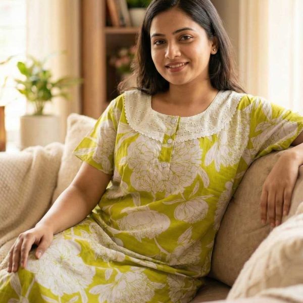 Comfortable Churidar Model Cotton Nighty, Hakoba yoke - 55 Inches Long - Yellow