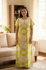 Comfortable Churidar Model Cotton Nighty, Hakoba yoke - 55 Inches Long - Yellow - Image 2