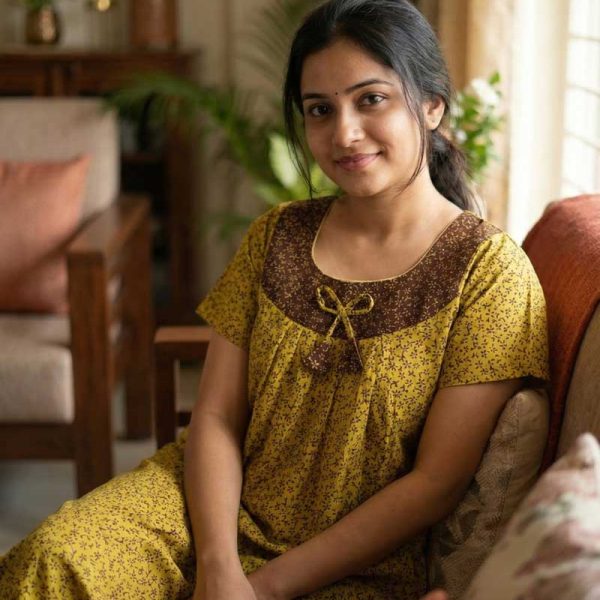 Comfortable Cotton Nighty With Round Neck - 55 Inches Long - Mustard Yellow Colour