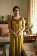 Comfortable Cotton Nighty With Round Neck - 55 Inches Long - Mustard Yellow Colour - Image 2