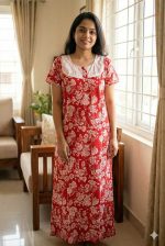 Comfortable Churidar Model Cotton Nighty, Hakoba yoke - 57 Inches Long - Red - Image 2