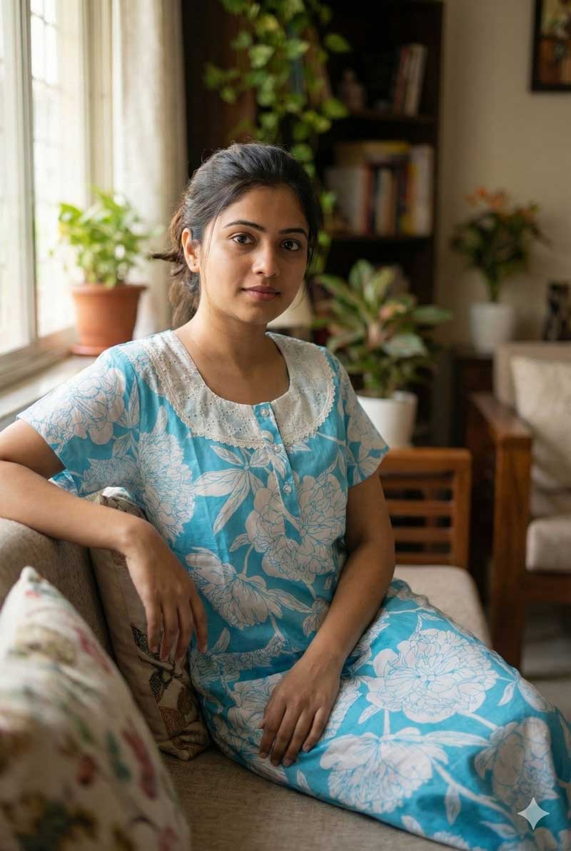 IMG_7439 Comfortable Churidar Model Cotton Nighty, Hakoba yoke - 55 Inches Long -Blue Colour - Image 1